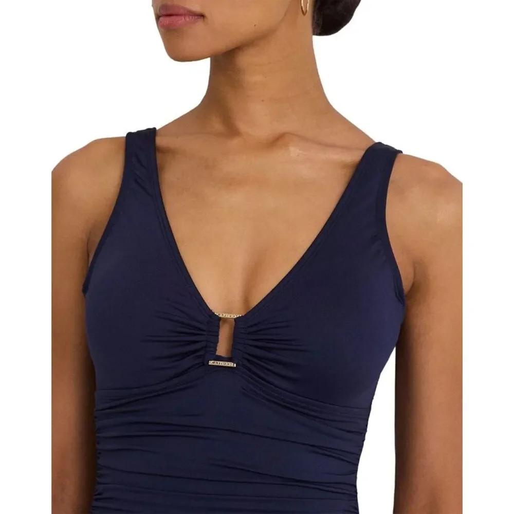 Ralph Lauren Womens Shirred Ring-Front One-Piece Swimsuit 14 Dark Navy NWT $145 - Picture 3 of 4